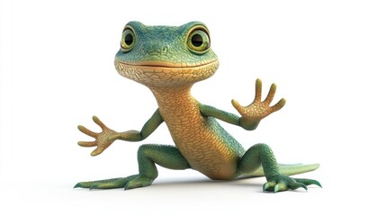 Fototapeta premium Cute green gecko standing on white floor, reaching out both hands, looking directly at viewer