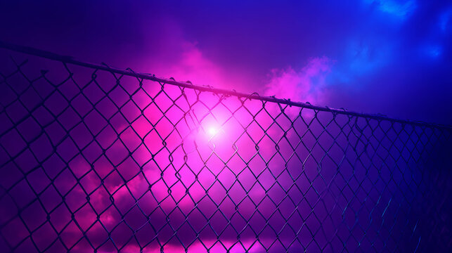Neon glow against chain link fence with dark sky background - perfect for urban design and digital art concepts - Powered by Adobe