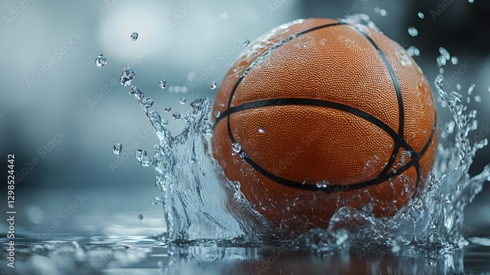 Poster a basketball splashes into water, creating dynamic droplets and a vibrant visual effect. concept bas