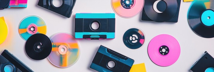 Colorful collection of vintage audio and video tapes on a white surface showcasing various designs and shapes. Generative AI
