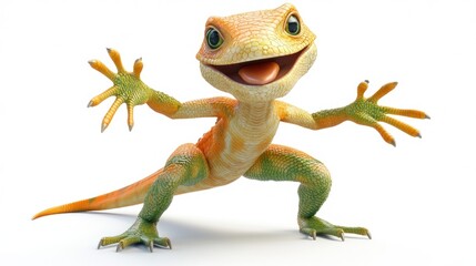 Happy lizard poses. Cartoon animal, yellow, green, isolated on white background