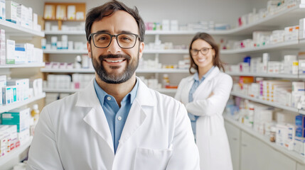 pharmacist couple looking at camera, happy,