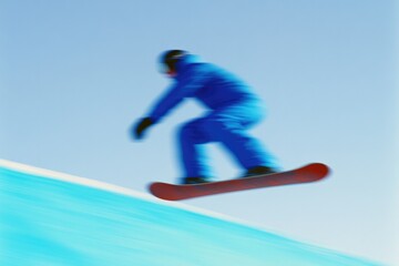 Obraz premium Dynamic snowboarder soaring down bright blue slope against clear