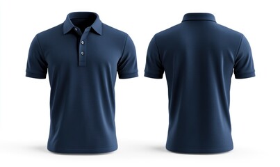 Dark blue polo shirt mockup, front and back view on a white background