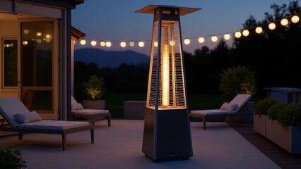 Outdoor patio heater, Sleek patio heater glows at dusk with plants and LED lights in a modern outdoor setting