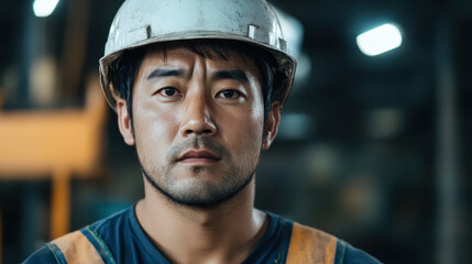 focused construction worker wearing hard hat, showcasing determination and professionalism in construction industry
