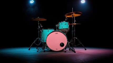 Turquoise drum kit on stage with cymbals and lighting, against a dark background