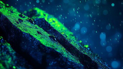 Neon wet stone texture with dark moss and raindrops