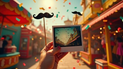 Photo booth props, A vintage polaroid photo booth in a carnival with confetti and quirky props vibrant colors cinematic lighting