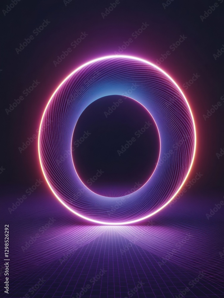Poster glowing circular light formation in a dark space with vibrant neon colors. generative ai