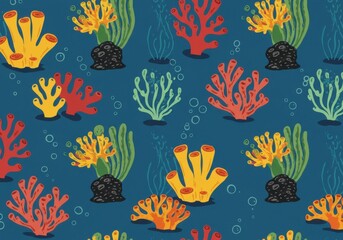 Colorful coral reef pattern, seamless underwater design, vibrant marine life, blue background, yellow orange and red corals, aquatic plants, stylized ocean floor