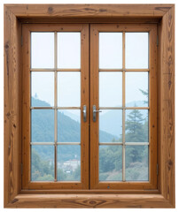 Wooden framed window with distant landscape view, transparent background png