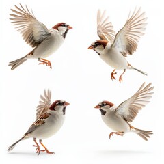 Four Sparrows in Flight on White Background