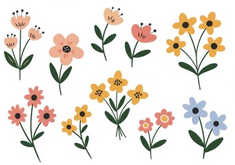 Colorful whimsical floral illustrations, hand-drawn style, pastel color palette, simple flower shapes, botanical elements, dainty wildflowers, cute doodles, cheerful spring
