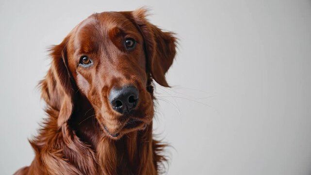 Studio portrait of adorable irish setter dog posing on white background, showcasing its elegant features and captivating gaze, perfect for pet lovers and animal themes