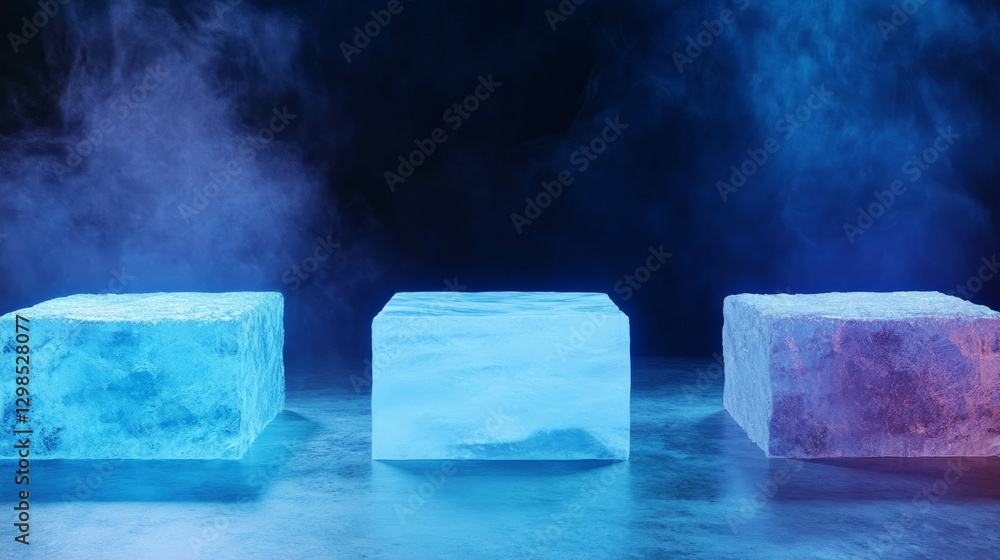Poster elegant display with three ice podiums and cool atmospheric lighting for ambient design