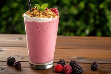 Creamy Berry Smoothie with Granola Topping and Fresh Berries on Wooden Table