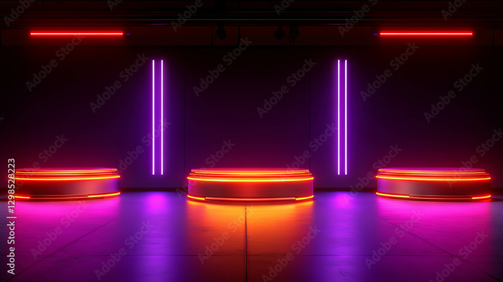 Poster futuristic podium display with rotating platforms and neon lights for event design