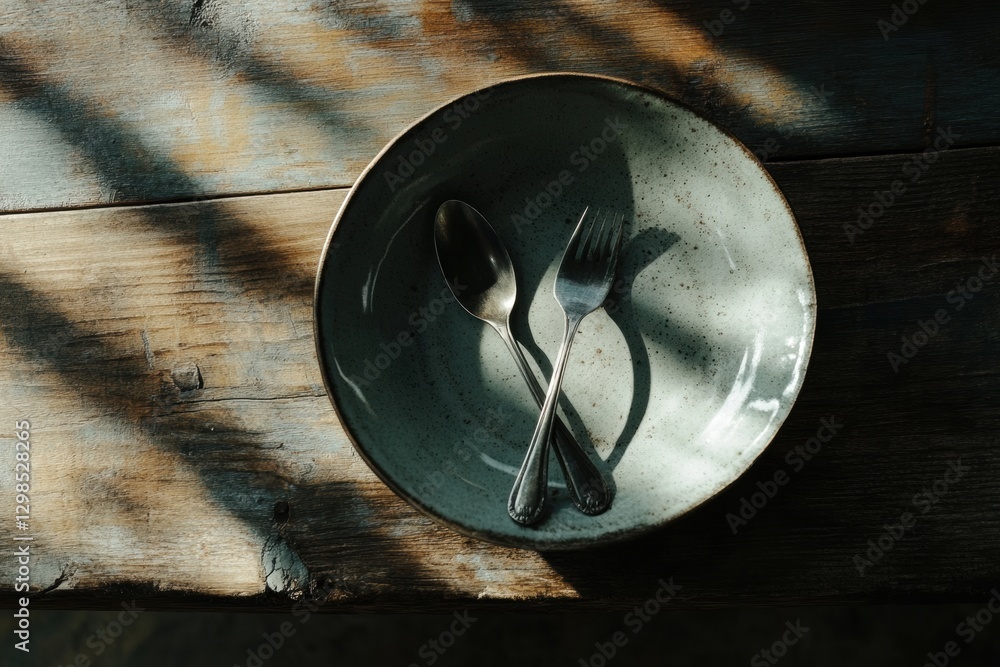 Fototapete elegant dining setting with a rustic plate and utensils on a wooden table during afternoon light. ge