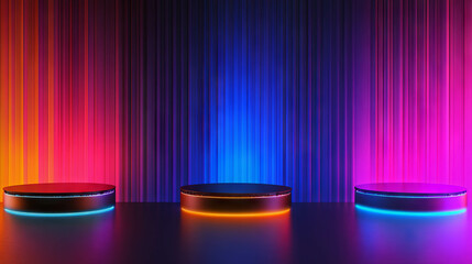 Futuristic neon podiums with rotating display platforms for event design