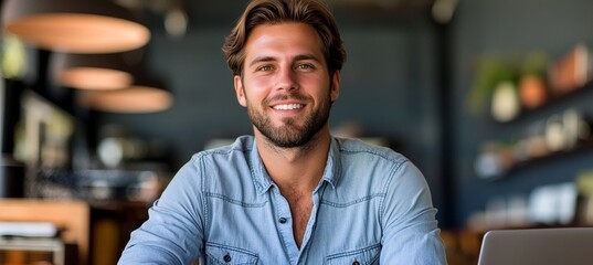 Obraz premium Smiling young man with a beard posing indoors looking at camera, blurry coffee shop background