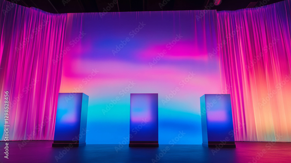 Poster vibrant gradient background with three podiums for modern display design