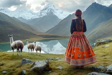 A Peruvian woman in a traditional Andean pollera skirt, standing near a high-altitude lake with llamas grazing nearby.