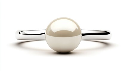 Pearl ring shines alone. Silver band reflects light on white backdrop, centered composition, product shot