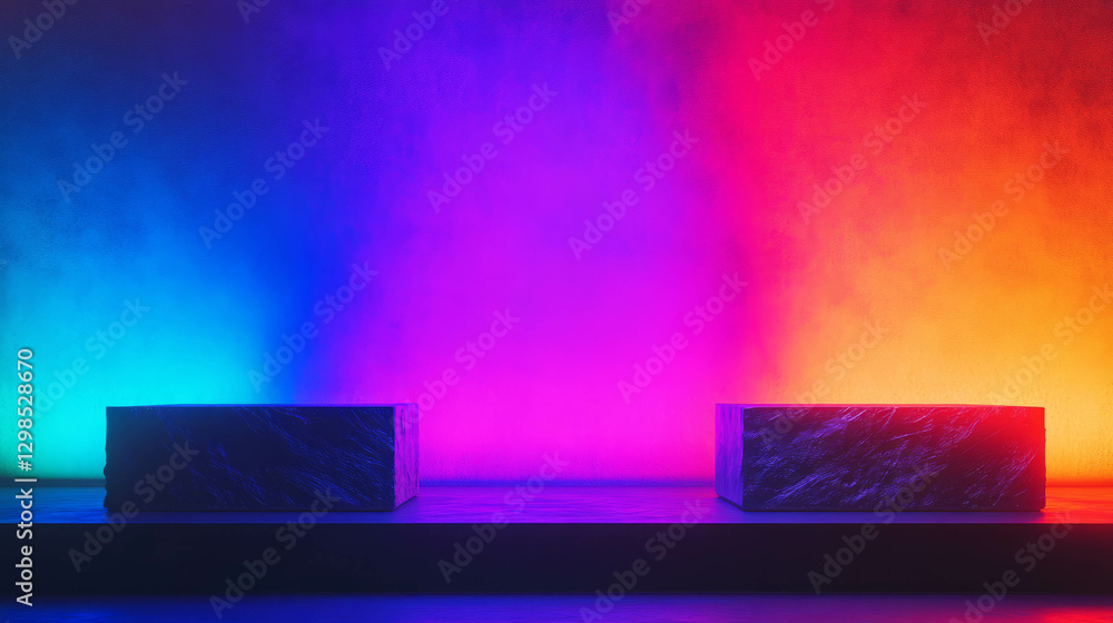 Poster vibrant display with two podiums against colorful gradient background