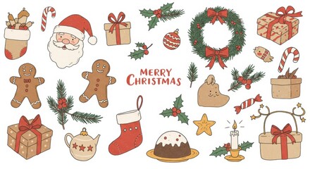 Christmas illustrations, festive icons, Santa Claus, presents, wreath, gingerbread man, candy cane, Christmas stocking, ornaments, poinsettia, holly, pine branches