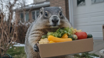 Marmot with a box of fresh vegetables. A cute and funny image perfect for various uses.