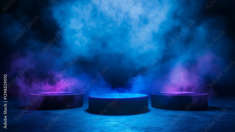 Poster atmospheric display with two podiums featuring dramatic lighting and smoke effects for event design
