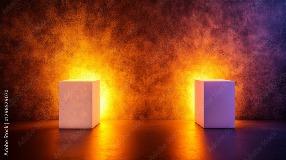 Poster elegant display with two white podiums and soft ambient lighting