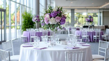 Elegant wedding reception, floral centerpiece, modern venue, background blurred