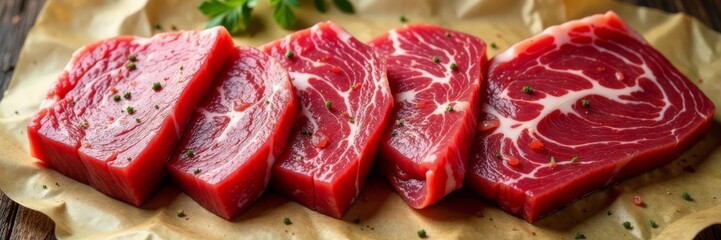 Rich marbling visible on raw Wagyu strips, butcher paper backdrop, delicious, texture
