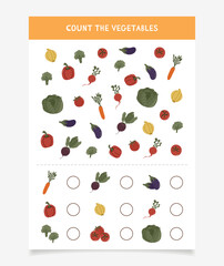 Count the Vegetables. A page with a task for children - counting vegetables.