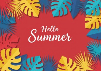 Colorful tropical leaves, palm fronds, monstera leaves, vibrant colors, red, blue, green, yellow, pink, teal, flat design, vector illustration, summer background