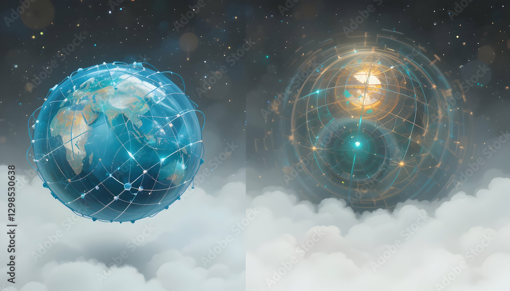 Poster global connection concept with network globe on clouds and starry sky