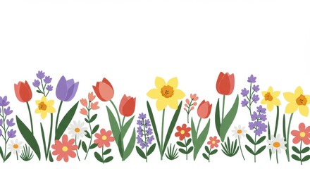 Spring flowers, colorful tulips, daffodils, daisies, floral border, cheerful garden, pastel colors, stylized botanical illustration