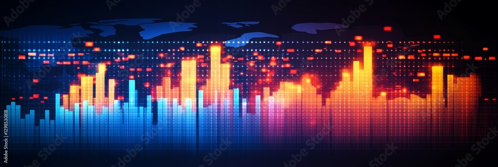 Poster global financial data visualization abstract candlestick chart with pixelated world map background