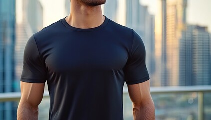 Man in black workout shirt urban rooftop