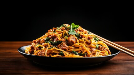 Stir-fried Asian noodles with meat and vegetables, served on a rustic wooden table with chopsticks, inviting and vibrant presentation