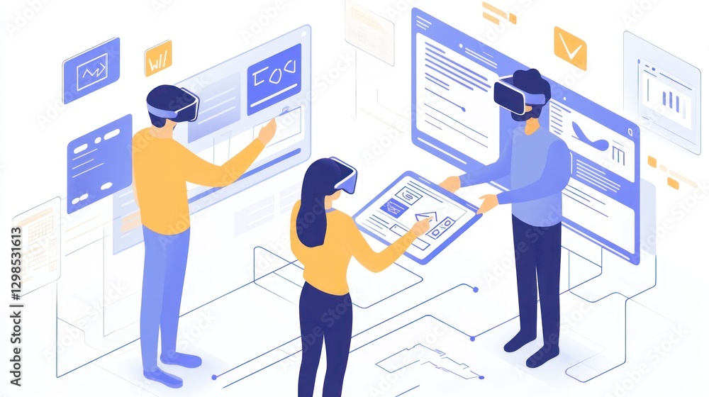 Poster team interacting using virtual reality headsets in a digital office with interface screens displayed