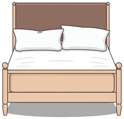 Wooden bed with headboard and pillows, transparent background png