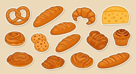 Cartoon baked goods, pastries and breads sticker set, flat design, warm color palette, beige background, pretzel, croissant, baguette, bread loaf, donut, cheese wheel,