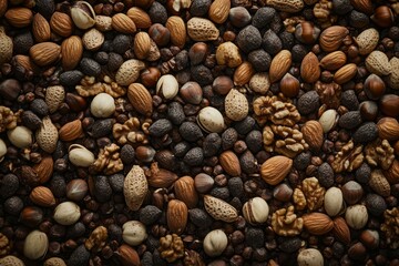 Assorted nuts textured pattern on dark surface. AI image
