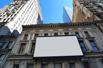 blank billboard on the side of an old building, with a white background and no text or graphics.