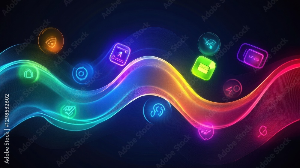 Aufkleber Colorful digital icons representing technology and data streams in a vibrant flow on a dark background. Generative AI