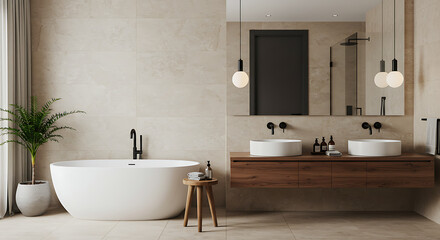 Fototapeta premium An elegant bathroom features a freestanding white bathtub, a wooden vanity with twin sinks, and neutral tiles creating a serene ambiance 