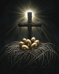 Easter wooden cross and golden eggs in a wicker basket. Illustration design. Ai Generative